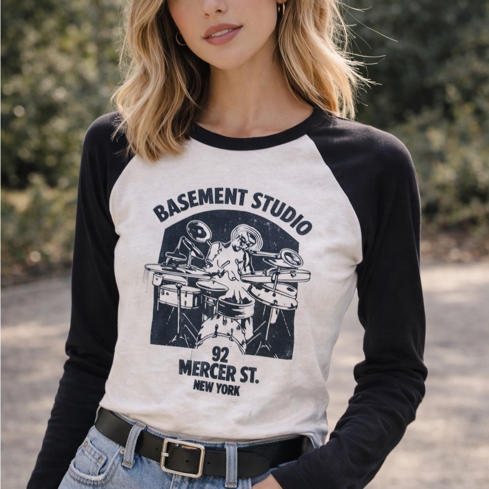 Brandy Melville Black and White Graphic Raglan Tee